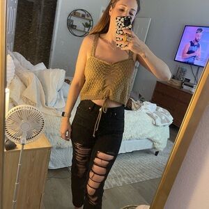 Stop the Music Brown Cropped Crochet Tank Top